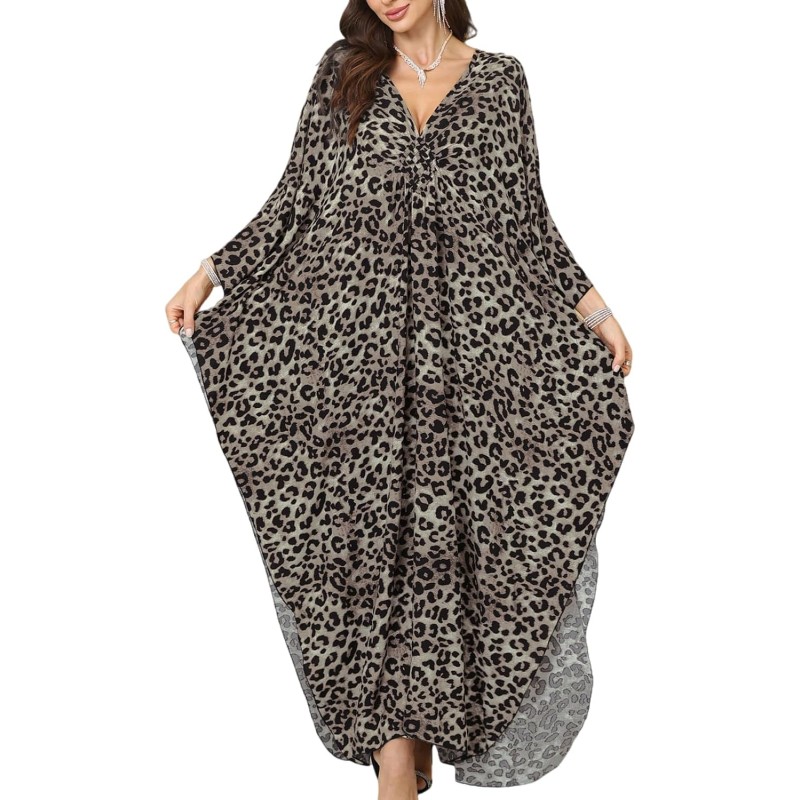 Plus Size Bohemian Gray Leopard Caftan Maxi Dress Cover Up Women's Plus Size Bohemian Gray Leopard Caftan Maxi Dress Swimsuit Cover Up