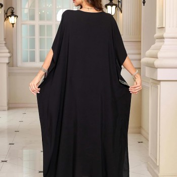 Women's Boho Caftan Maxi Dress - Black Floral Embroidered Beach Cover Up