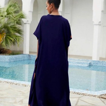 Bohemian Navy Floral Caftan Dress - Plus Size Beach Coverup with Embroidery