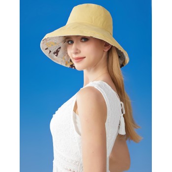 Women’s Reversible Wide Brim Sun Hat UPF50+ Bohemian Bucket Hat for Hiking Beach Travel One Size
