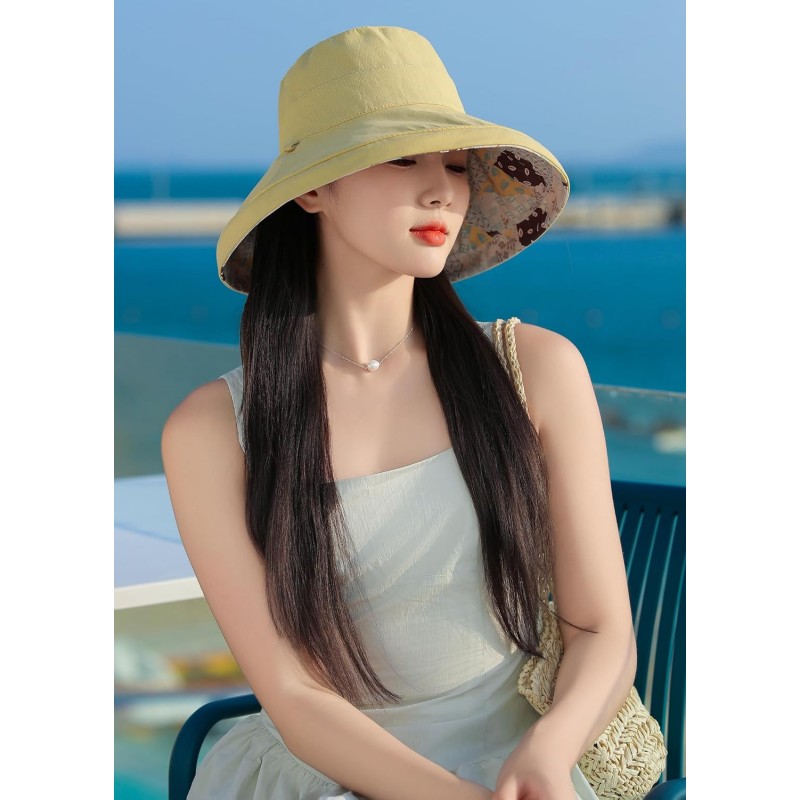 Women’s Reversible Wide Brim Sun Hat UPF50+ Bohemian Bucket Hat Women’s reversible wide brim sun hat with UPF50+ protection for hiking, beach, and travel
