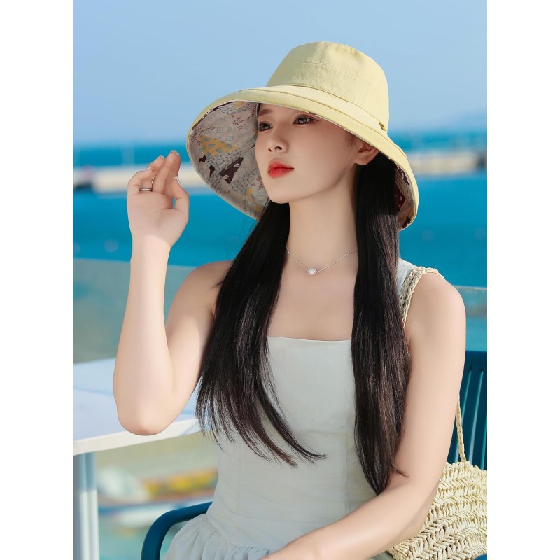 Women’s Reversible Wide Brim Sun Hat UPF50+ Bohemian Bucket Hat Women’s reversible wide brim sun hat with UPF50+ protection for hiking, beach, and travel