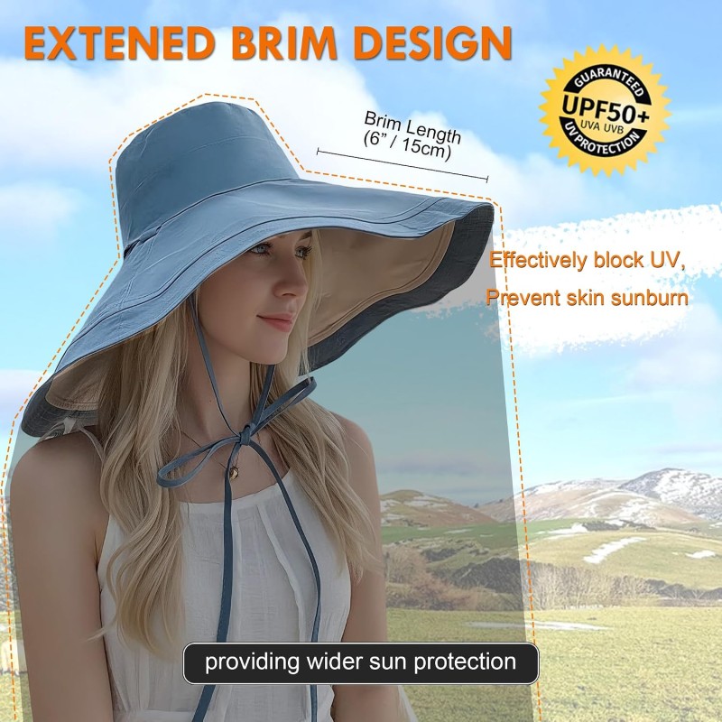 Women's Reversible Wide Brim Sun Hat UPF50+ - Adjustable for Hiking and Beach Women wearing reversible wide brim sun hat with UPF50+ protection for hiking