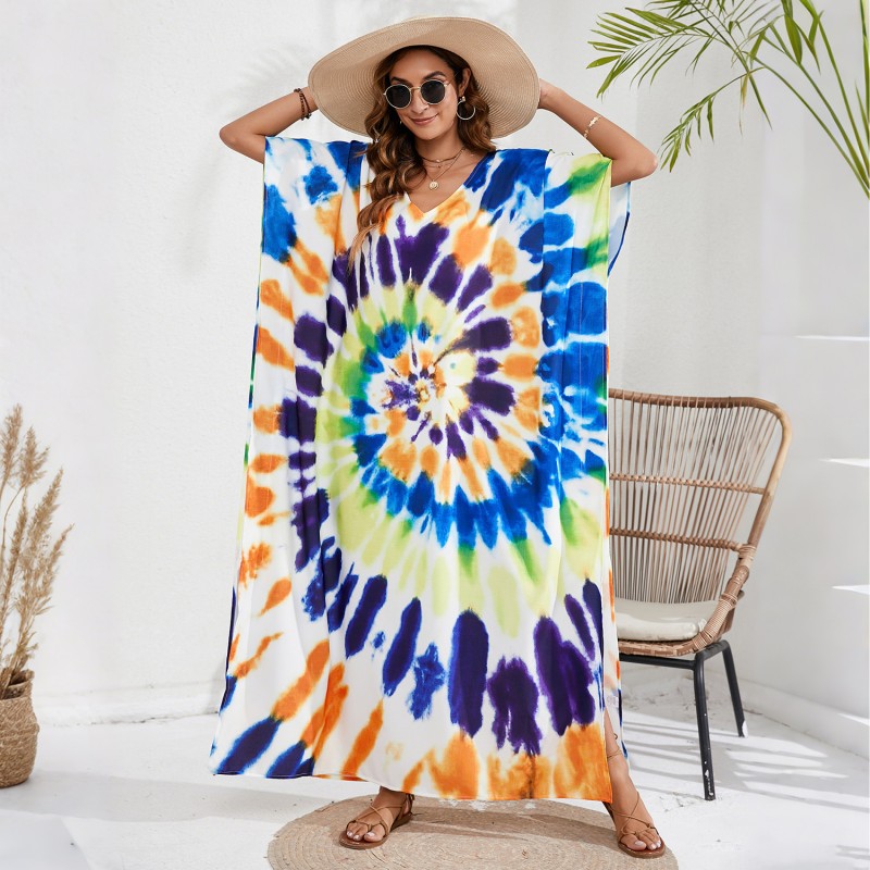 Plus size bohemian house dress swim cover up poolside resort Floral print kaftan dress v-neck batwing sleeve beach cover up resort loungewear
