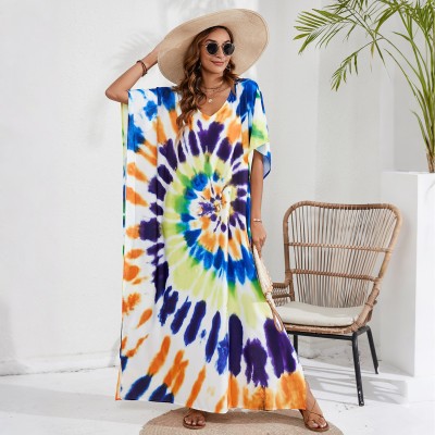 Plus size bohemian house dress swim cover up poolside resort Floral print kaftan dress v-neck batwing sleeve beach cover up resort loungewear