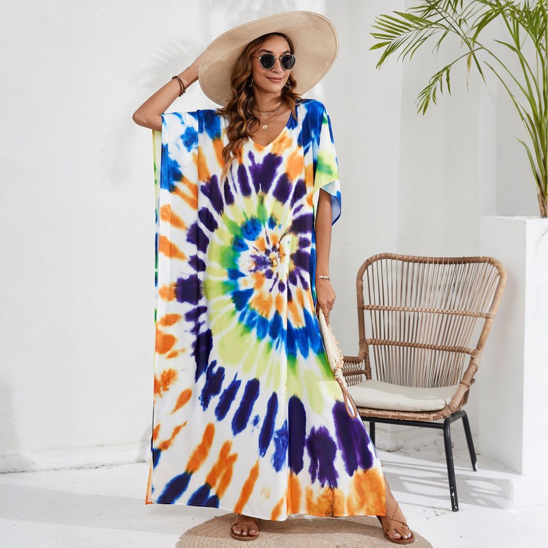 Plus size bohemian house dress swim cover up poolside resort Floral print kaftan dress v-neck batwing sleeve beach cover up resort loungewear