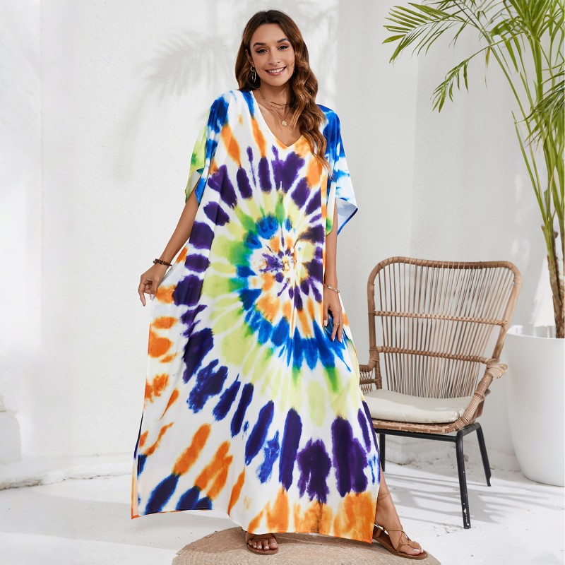 Plus size bohemian house dress swim cover up poolside resort Floral print kaftan dress v-neck batwing sleeve beach cover up resort loungewear