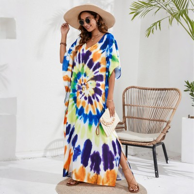 Plus size bohemian house dress swim cover up poolside resort Floral print kaftan dress v-neck batwing sleeve beach cover up resort loungewear