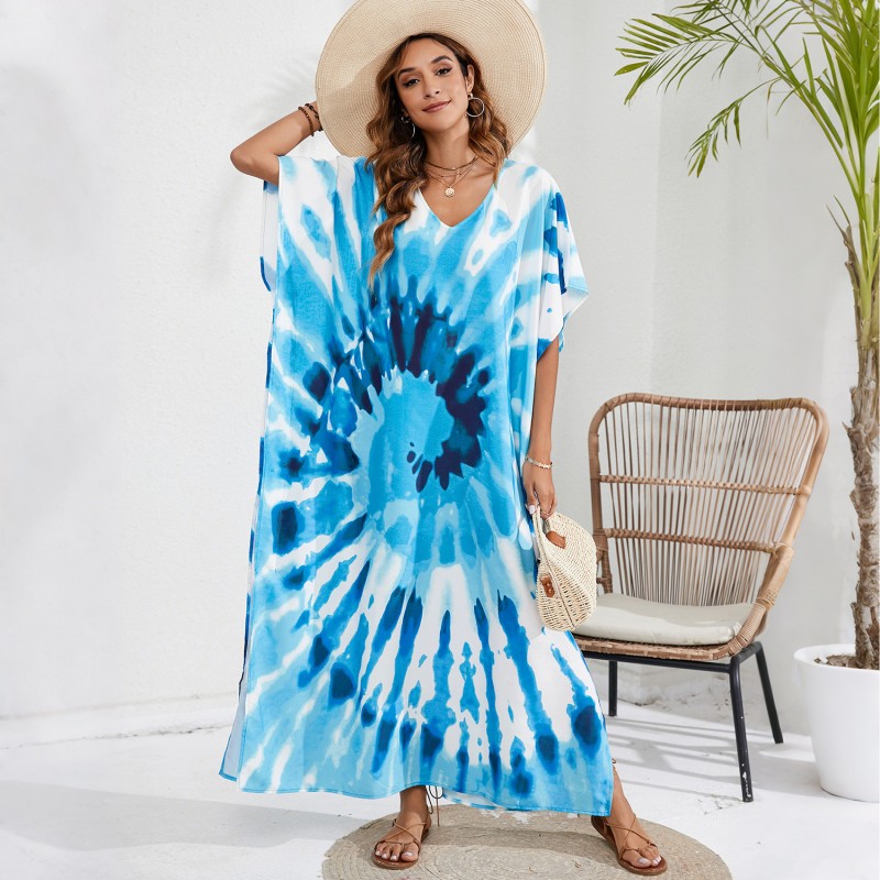 Bohemian holiday poolside coverups maxi dress batwing sleeves Floral print maxi kaftan dress with batwing sleeves resort cover up