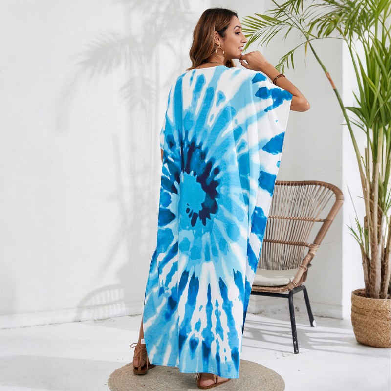 Bohemian holiday poolside coverups maxi dress batwing sleeves Floral print maxi kaftan dress with batwing sleeves resort cover up