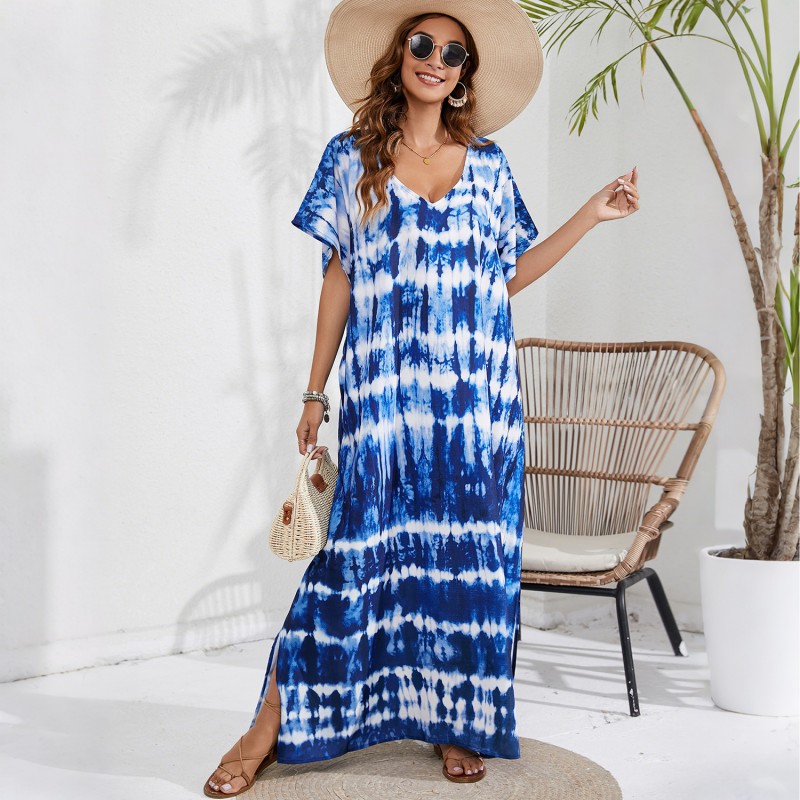 Summer kaftan dress beach cover up swim loungewear plus size Plus size bohemian floral kaftan dress beach cover up swim loungewear