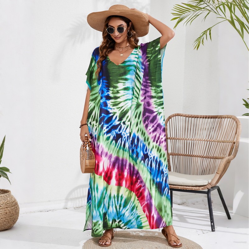 Plus size beachwear cover up maxi dress vacation resort wear Bohemian v-neck maxi kaftan dress beach cover up resort loungewear