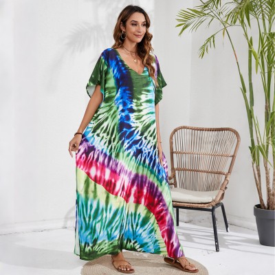 Plus size beachwear cover up maxi dress vacation resort wear Bohemian v-neck maxi kaftan dress beach cover up resort loungewear