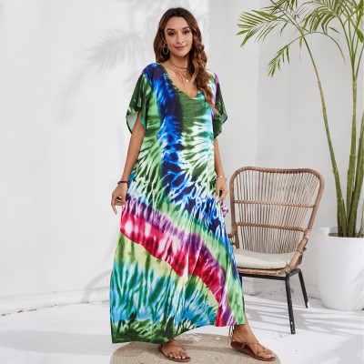 Plus size beachwear cover up maxi dress vacation resort wear Bohemian v-neck maxi kaftan dress beach cover up resort loungewear