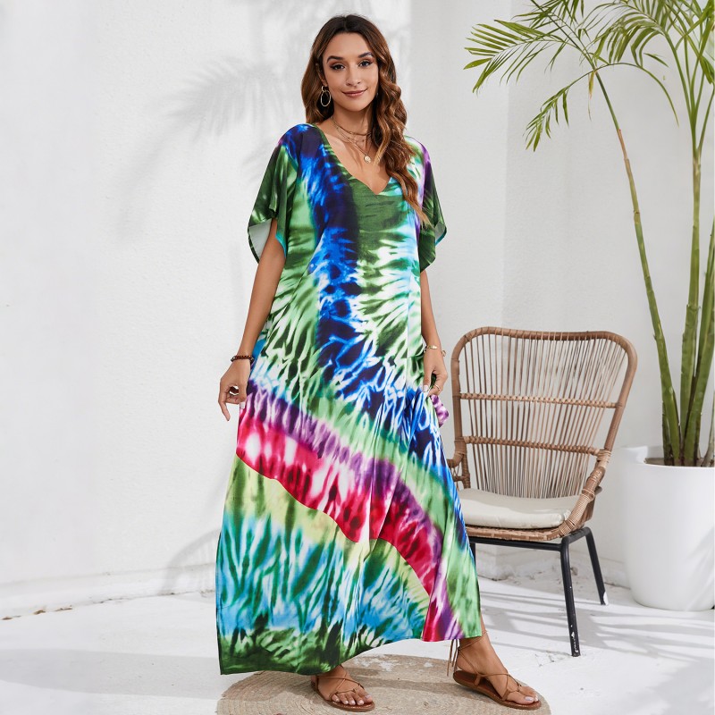 Plus size beachwear cover up maxi dress vacation resort wear Bohemian v-neck maxi kaftan dress beach cover up resort loungewear