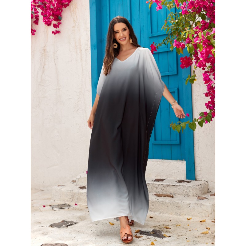 Bohemian holiday poolside coverups maxi dress batwing sleeves Floral print maxi caftan dress with batwing sleeves resort cover up