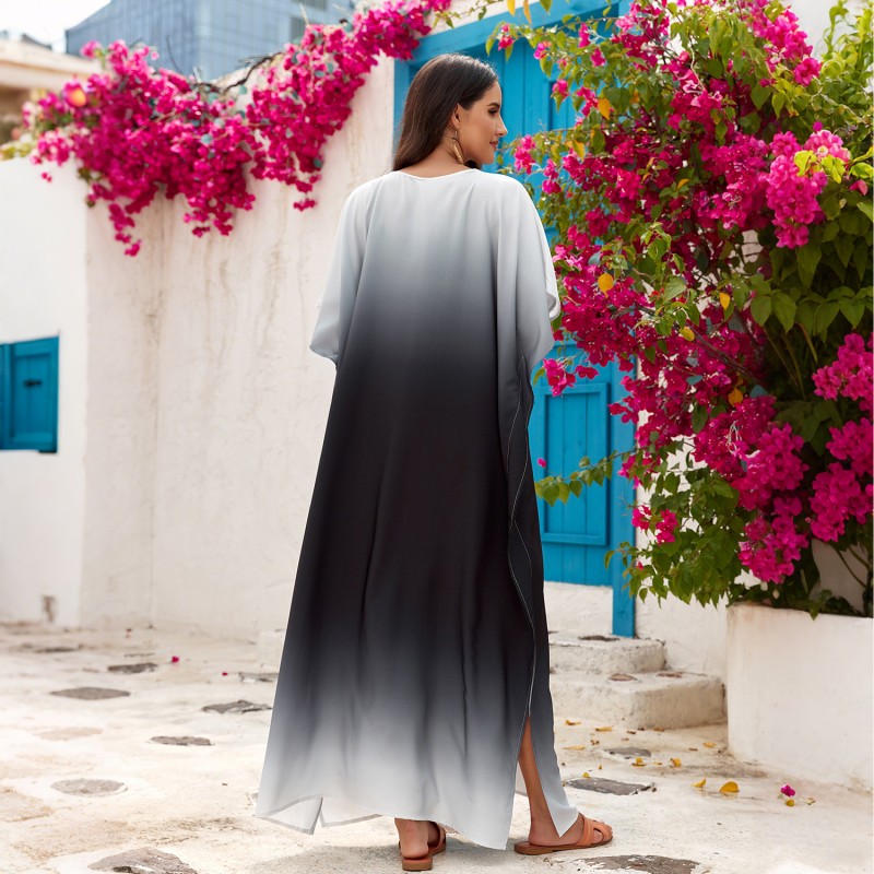 Bohemian holiday poolside coverups maxi dress batwing sleeves Floral print maxi caftan dress with batwing sleeves resort cover up
