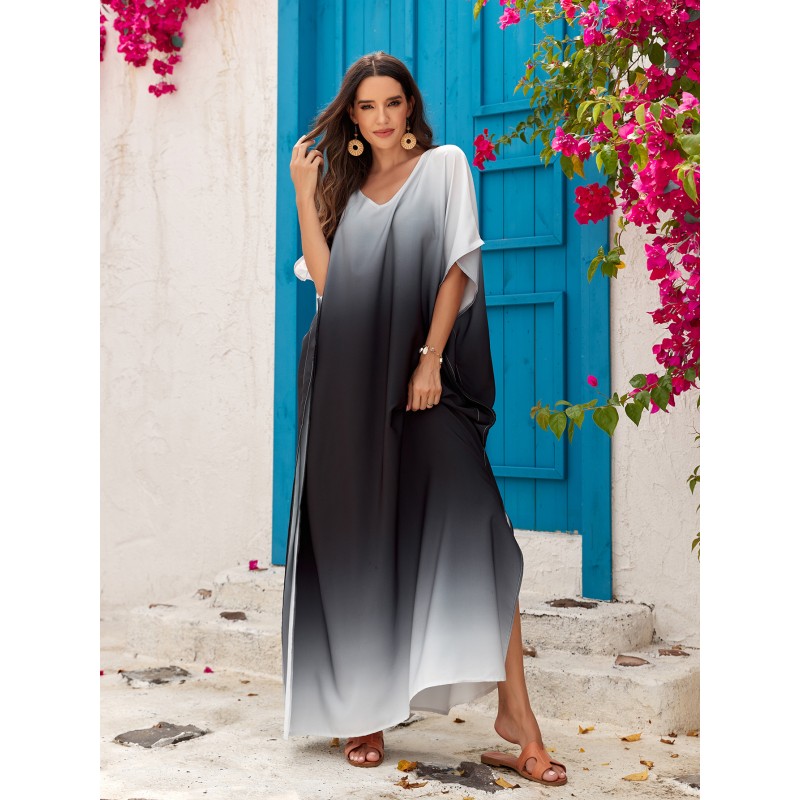 Bohemian holiday poolside coverups maxi dress batwing sleeves Floral print maxi caftan dress with batwing sleeves resort cover up