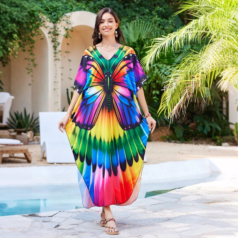 Flowy Kaftan Cover Up with Batwing Sleeves - Plus Size Loungewear Women's Plus Size Bohemian Butterfly Print Kaftan Beach Cover Dress