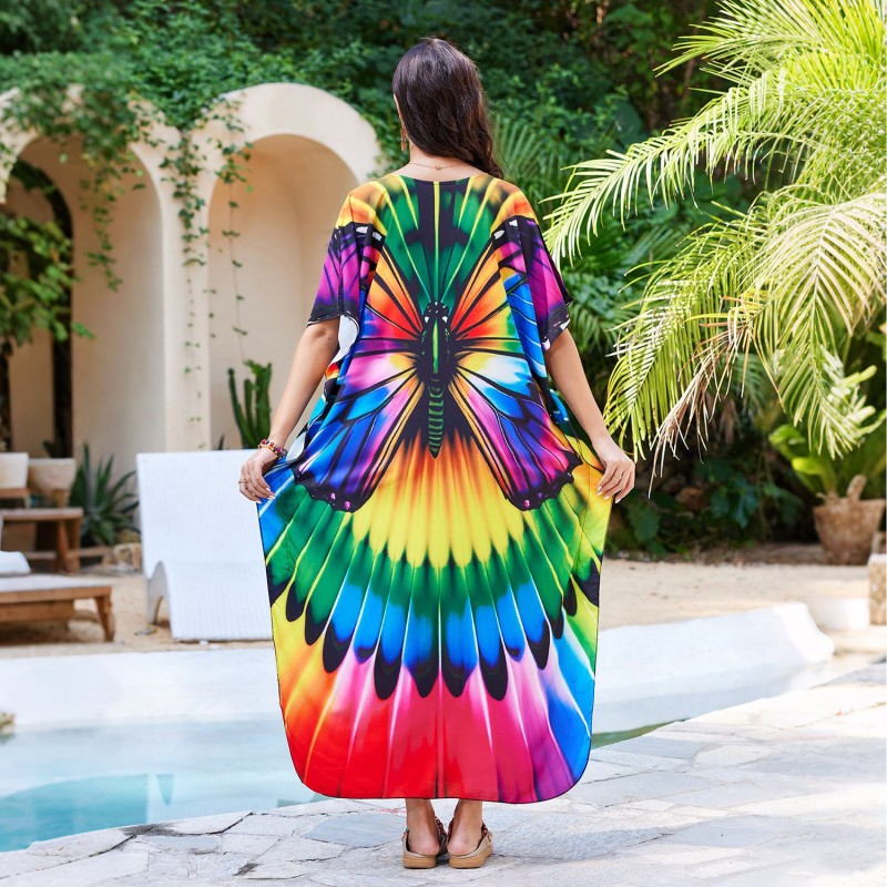 Flowy Kaftan Cover Up with Batwing Sleeves - Plus Size Loungewear Women's Plus Size Bohemian Butterfly Print Kaftan Beach Cover Dress