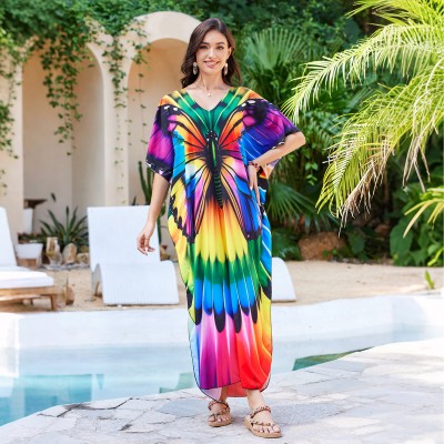 Flowy Kaftan Cover Up with Batwing Sleeves - Plus Size Loungewear Women's Plus Size Bohemian Butterfly Print Kaftan Beach Cover Dress