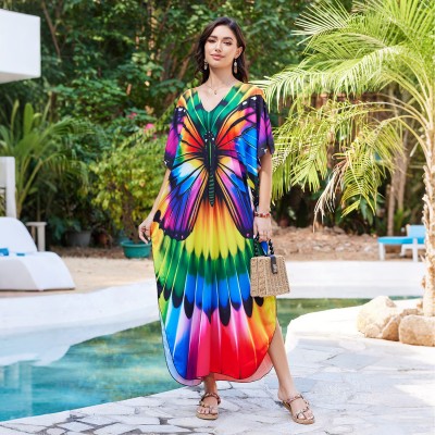 Flowy Kaftan Cover Up with Batwing Sleeves - Plus Size Loungewear Women's Plus Size Bohemian Butterfly Print Kaftan Beach Cover Dress