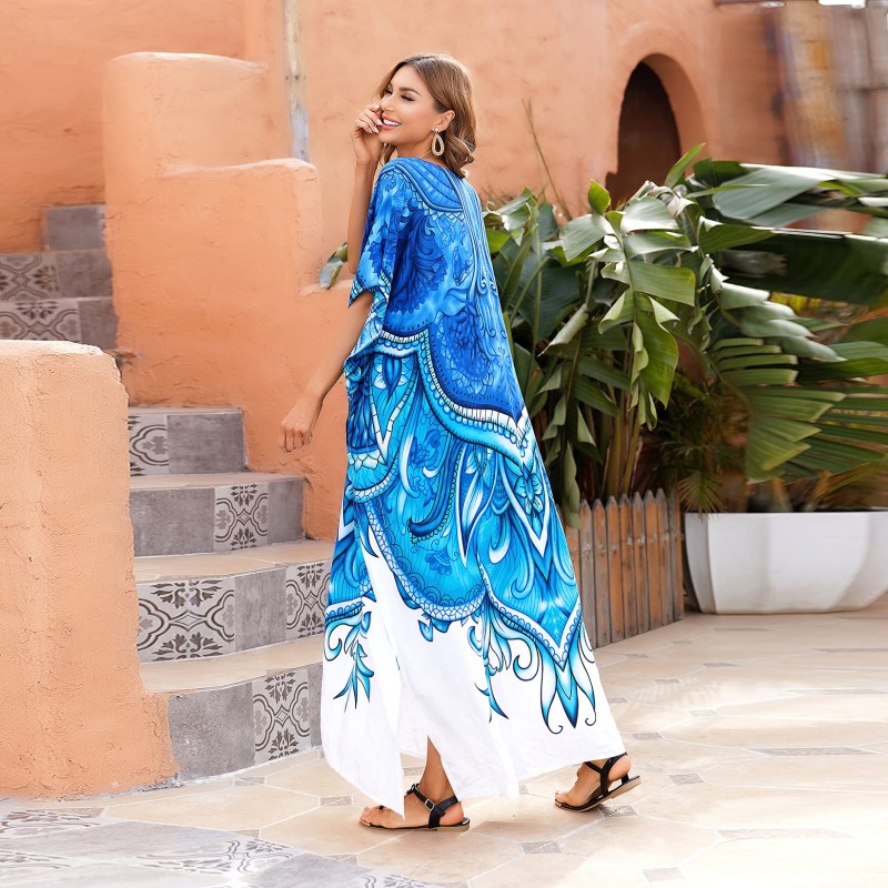 Plus Size Kaftan Dress Bohemian Floral Beach Cover Up Woman wearing plus size kaftan dress as beach cover up with bohemian floral print