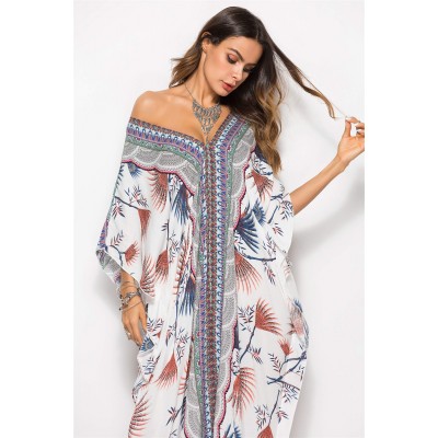 Bohemian resort loungewear poolside cover up print Print maxi kaftan dress with batwing sleeves beach cover up