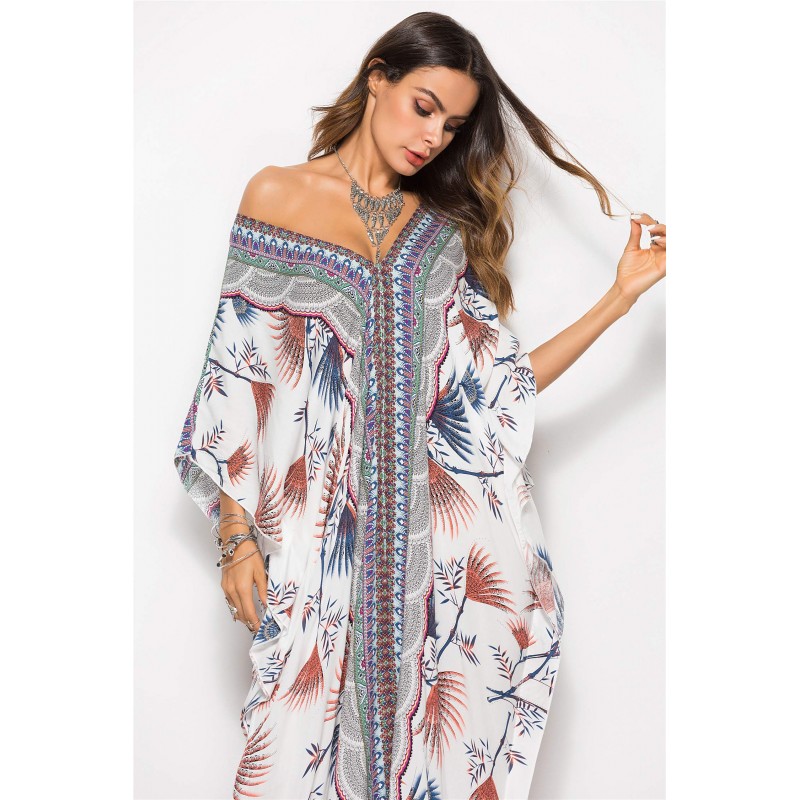 Bohemian resort loungewear poolside cover up print Print maxi kaftan dress with batwing sleeves beach cover up