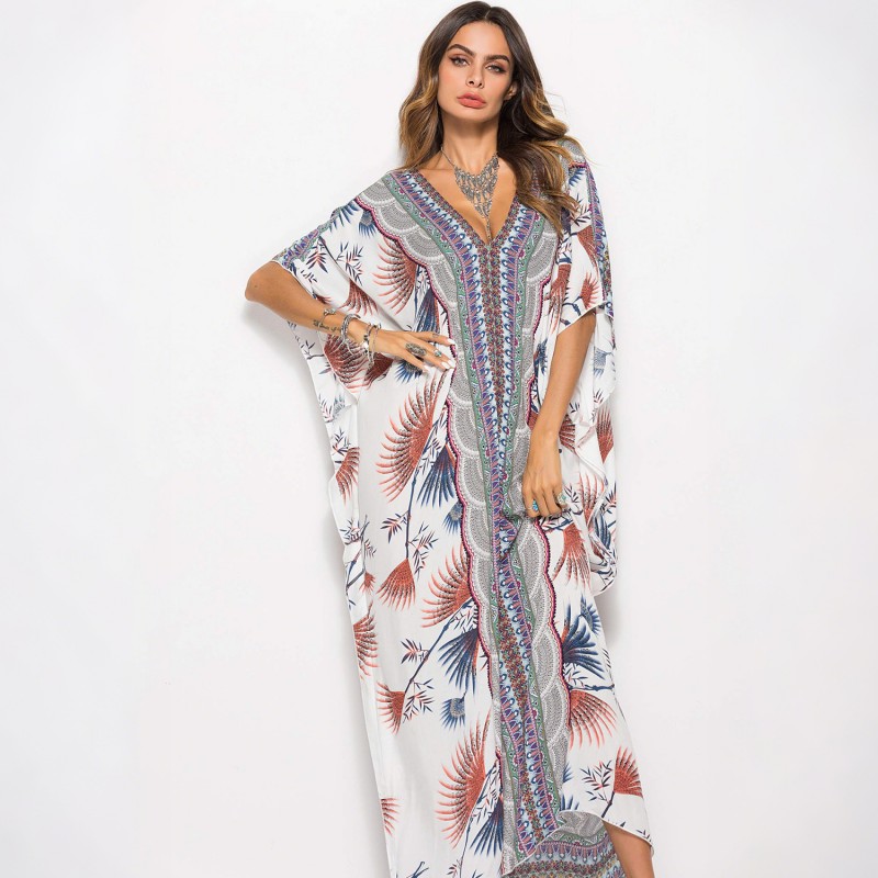 Bohemian resort loungewear poolside cover up print Print maxi kaftan dress with batwing sleeves beach cover up