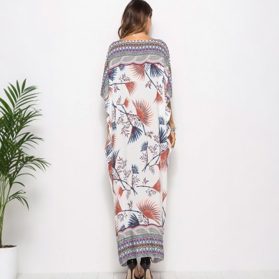Bohemian resort loungewear poolside cover up print Print maxi kaftan dress with batwing sleeves beach cover up