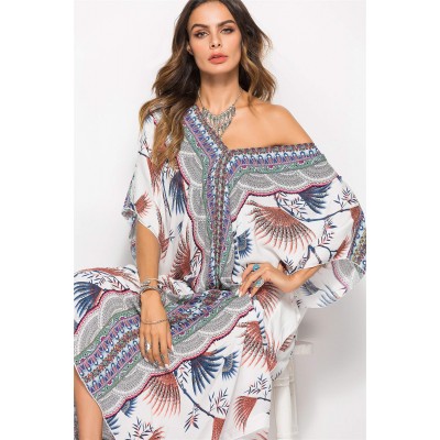 Bohemian resort loungewear poolside cover up print Print maxi kaftan dress with batwing sleeves beach cover up