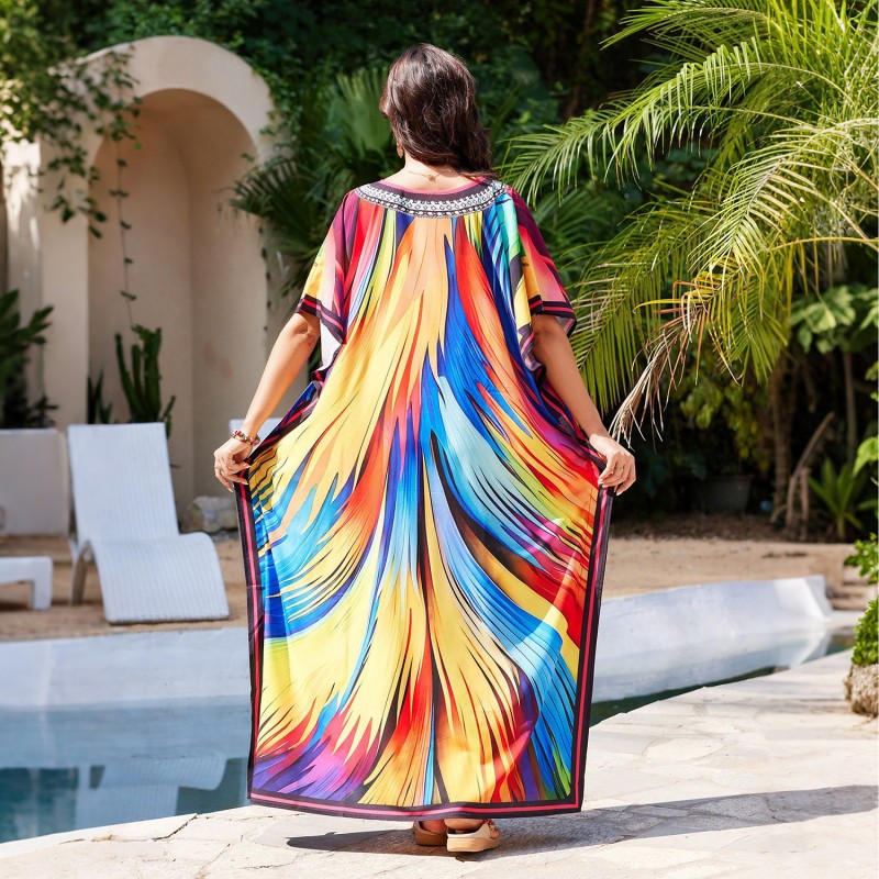 Plus Size Colorful Striped Caftan - Bohemian Beach Cover Up Woman in colorful striped caftan dress with plants and beach scenery