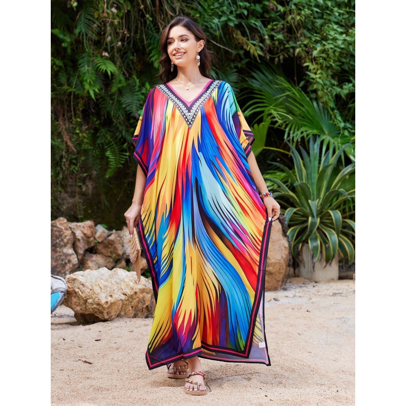 Plus Size Colorful Striped Caftan - Bohemian Beach Cover Up Woman in colorful striped caftan dress with plants and beach scenery