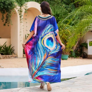 Bohemian Peacock Feather Loose Fit Print Kaftan Dress-Poolside Cover Up & Resort Wear 5019