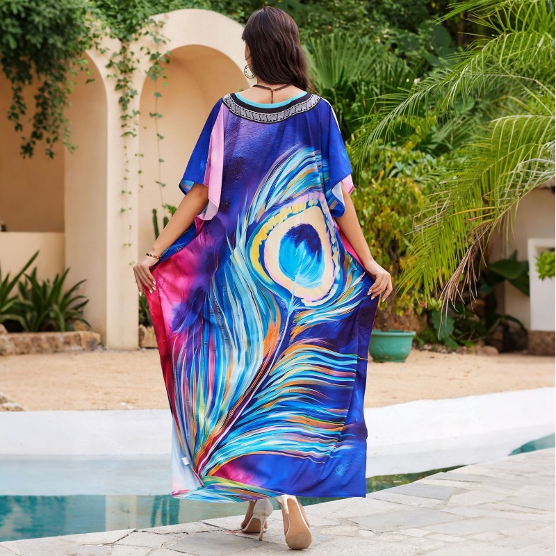 Plus Size Peacock Feather Kaftan - Pool Cover Up Dress Woman in peacock feather print kaftan dress by pool with plants