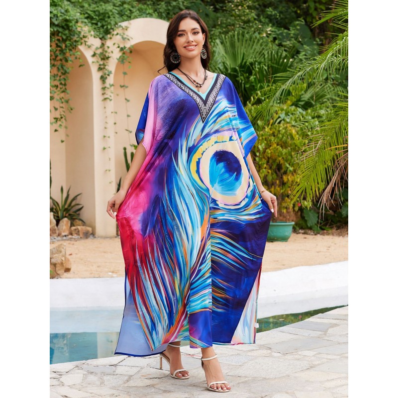 Plus Size Peacock Feather Kaftan - Pool Cover Up Dress Woman in peacock feather print kaftan dress by pool with plants