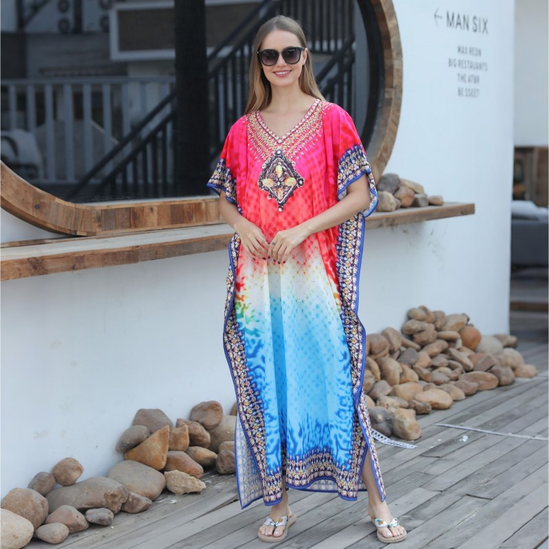 Floral Print Batwing Sleeve Kaftan Dress for Women Women's Bohemian Plus Size Kaftan Beach Cover Up Dress