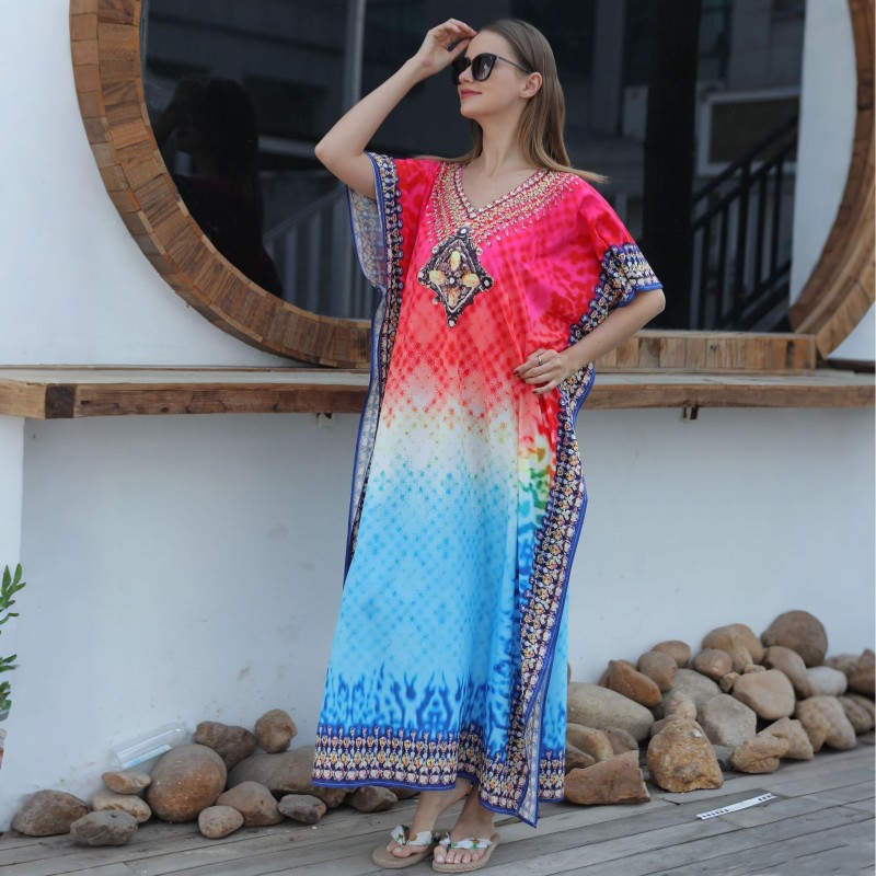 Floral Print Batwing Sleeve Kaftan Dress for Women Women's Bohemian Plus Size Kaftan Beach Cover Up Dress
