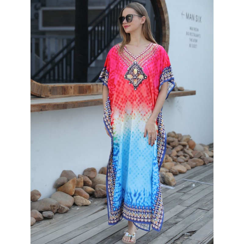 Floral Print Batwing Sleeve Kaftan Dress for Women Women's Bohemian Plus Size Kaftan Beach Cover Up Dress