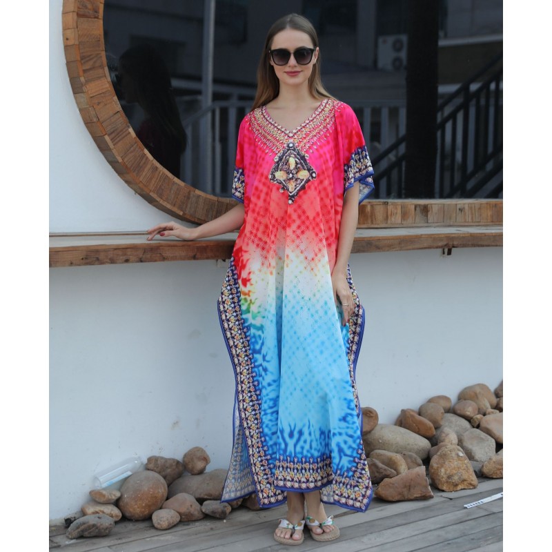 Floral Print Batwing Sleeve Kaftan Dress for Women Women's Bohemian Plus Size Kaftan Beach Cover Up Dress