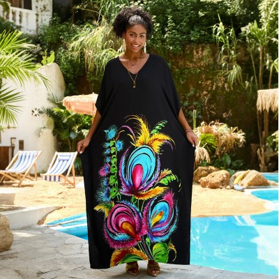 Floral Kaftan Dress for Women - Bohemian Beachwear Woman in black floral print kaftan dress with V-neck and batwing sleeves, loose fit maxi for beach vacation cover up
