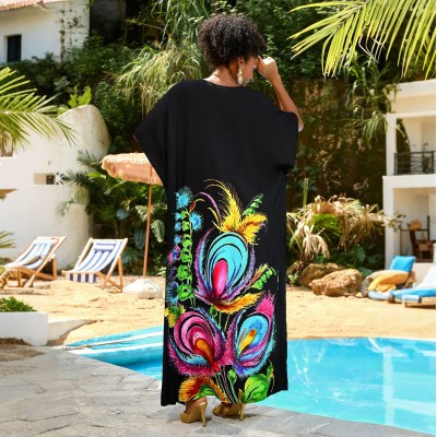 Floral Kaftan Dress for Women - Bohemian Beachwear Woman in black floral print kaftan dress with V-neck and batwing sleeves, loose fit maxi for beach vacation cover up