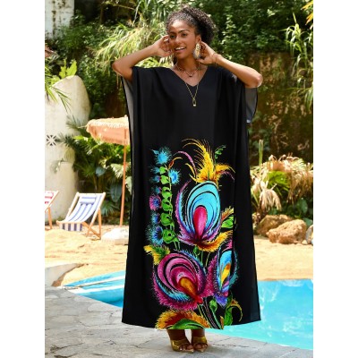 Floral Kaftan Dress for Women - Bohemian Beachwear Woman in black floral print kaftan dress with V-neck and batwing sleeves, loose fit maxi for beach vacation cover up