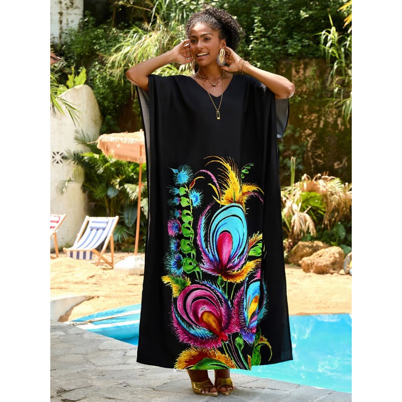 Floral Kaftan Dress for Women - Bohemian Beachwear Woman in black floral print kaftan dress with V-neck and batwing sleeves, loose fit maxi for beach vacation cover up