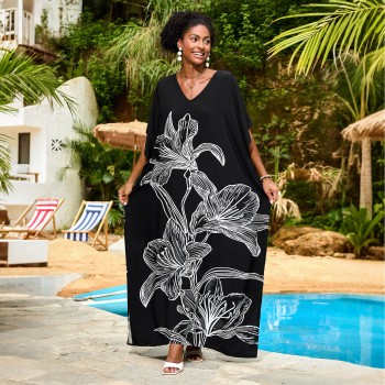 Loose Fit Kaftan Dress  - Black & White Batwing Sleeve Cover Up, Resort Loungewear for Poolside A034