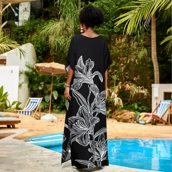 Loose Fit Kaftan Dress  - Black & White Batwing Sleeve Cover Up, Resort Loungewear for Poolside A034