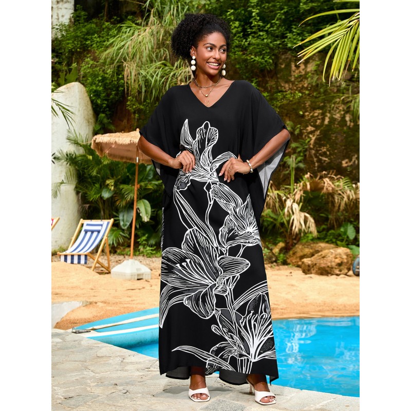 Minimalist Abstract Print V-Neck Cover Up Dress Artistic black and white print kaftan dress by swimming pool