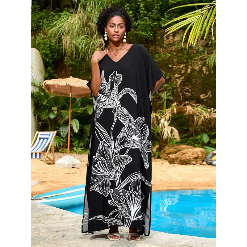 Minimalist Abstract Print V-Neck Cover Up Dress Artistic black and white print kaftan dress by swimming pool