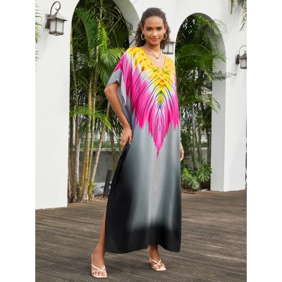 Ethnic Style Feather Print Resort Dress with Batwing Sleeves Colorful feather print gradient kaftan dress under white arches